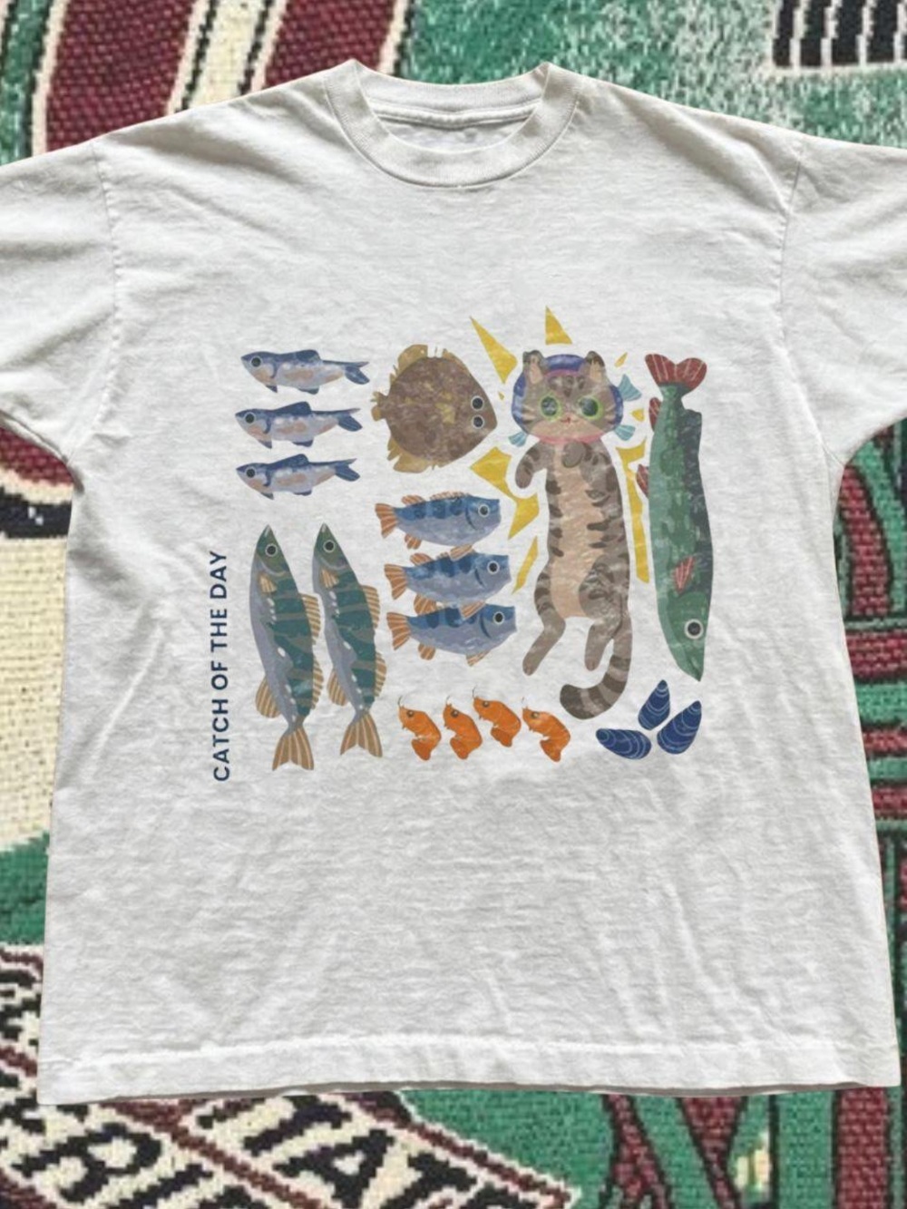 White Tee with Colorful Fish & Cat Graphic